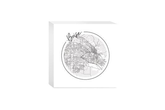 Minimalist B&W Idaho Boise Circle Map | Wood Block | Eaches | Min 4
