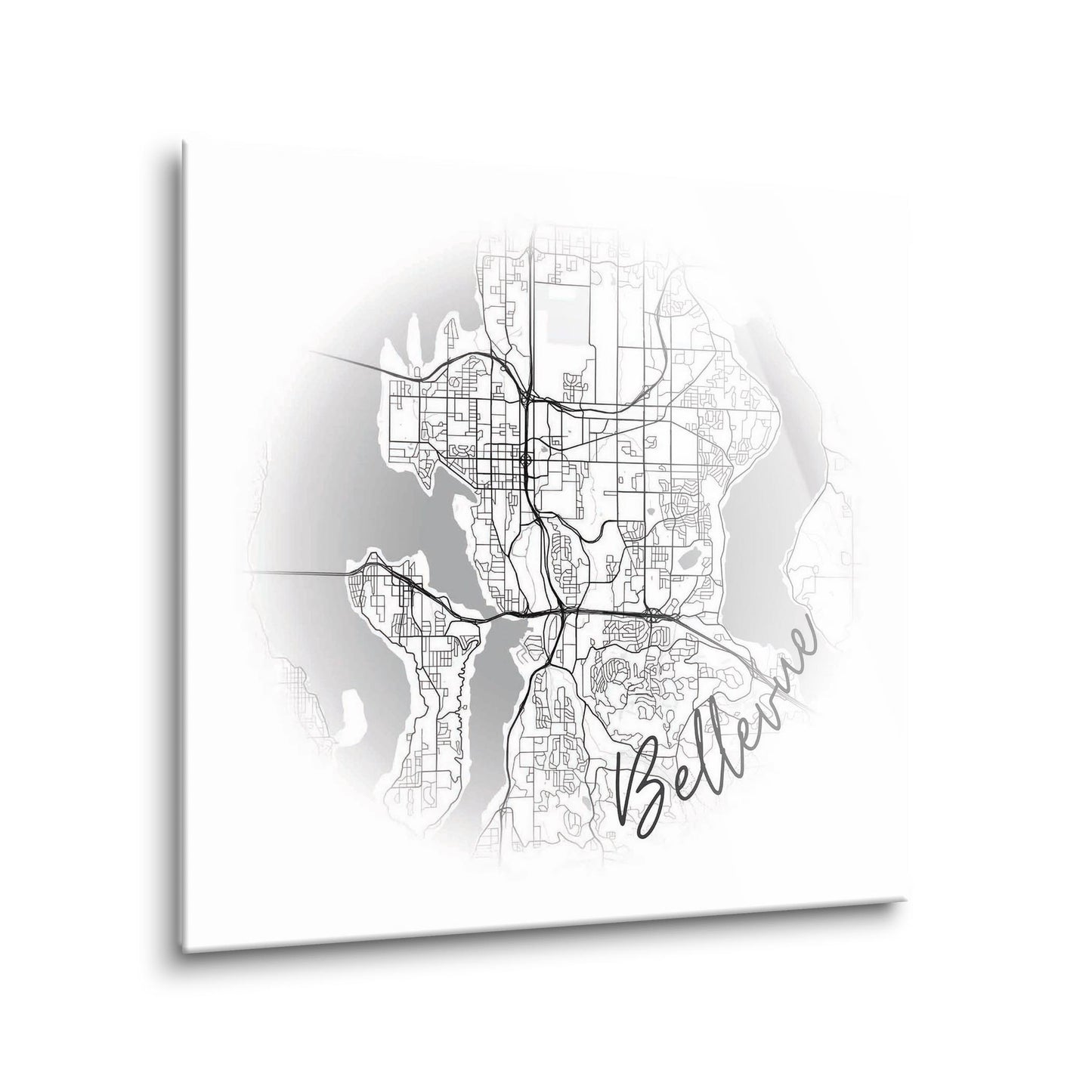 Minimalistic B&W Washington Bellevue Circle Map | Hi-Def Glass Art | Eaches | Min 1