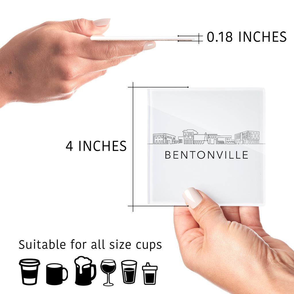 Minimalist B&W Arkansas Bentonville Skyline | Hi-Def Glass Coasters | Set of 4 | Min 2