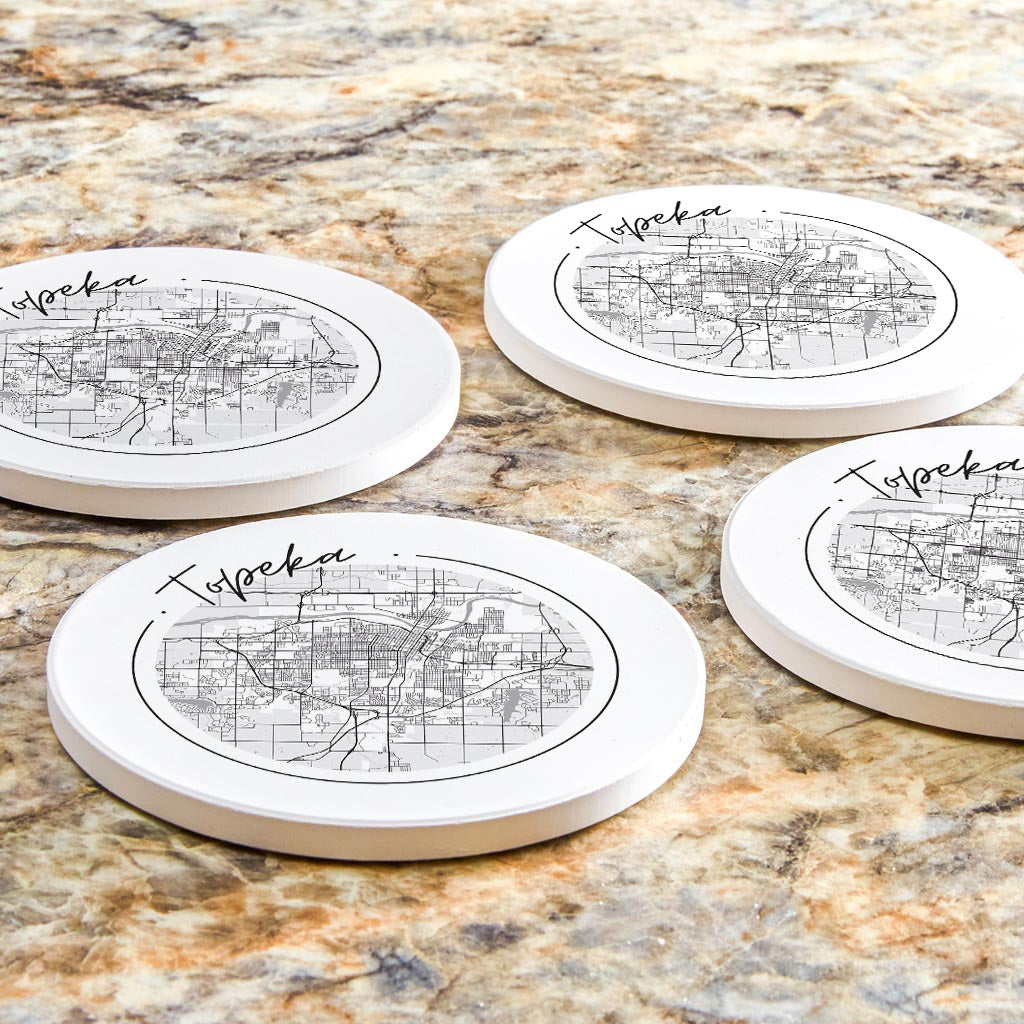 Minimalist B&W Kansas Topeka Circle Map | Absorbent Coasters | Set of 4 | Min 2