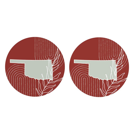Modern Minimalist Oklahoma State Shape With Leaf | Absorbent Car Coasters | Set of 2 | Min 4
