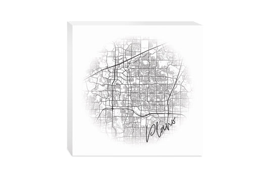 Minimalistic B&W Texas Plano Circle Map | Wood Block | Eaches | Min 2