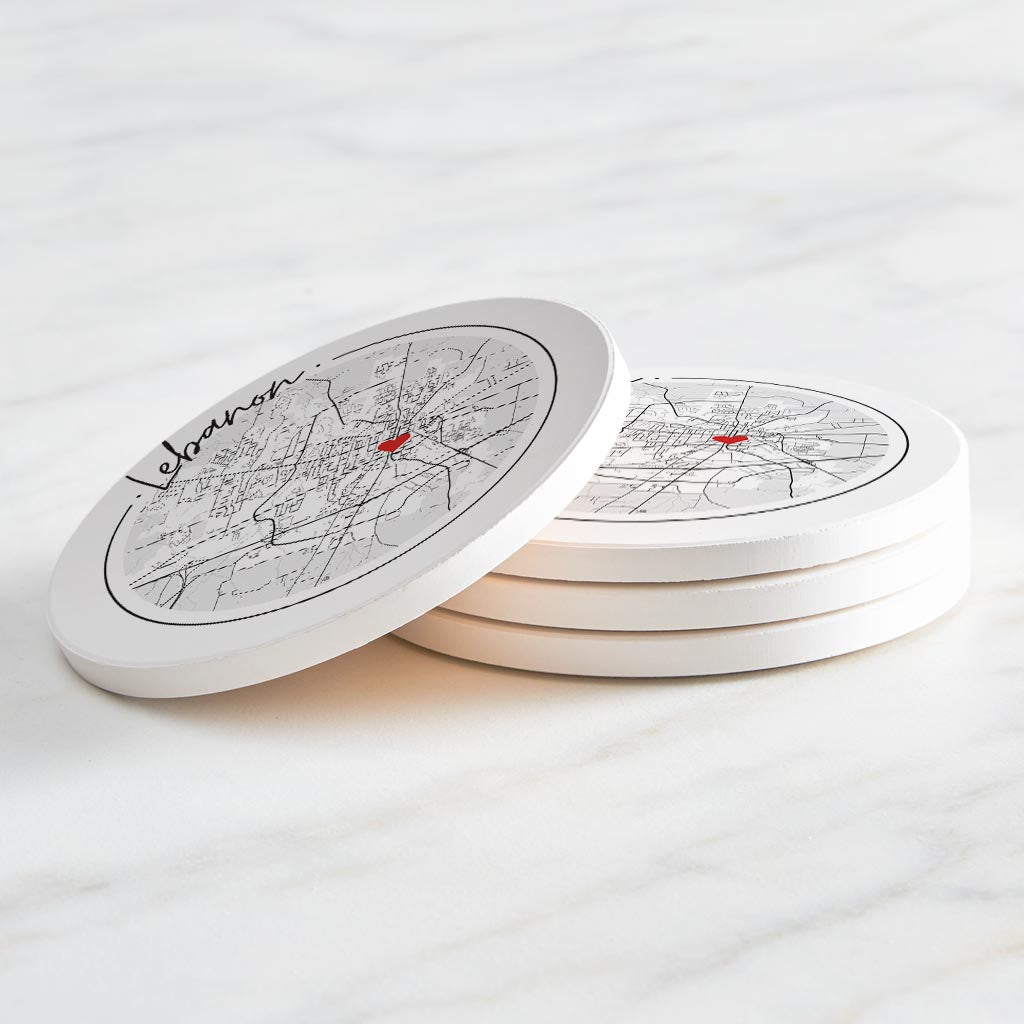 Minimalist B&W Tennessee Lebanon Circle Map Heart | Absorbent Coasters | Set of 4 | Min 2
