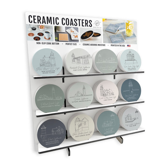 Lighthouse Line Drawing 2 Theme Circle Ceramic Coaster Loaded Display POP Min of 1