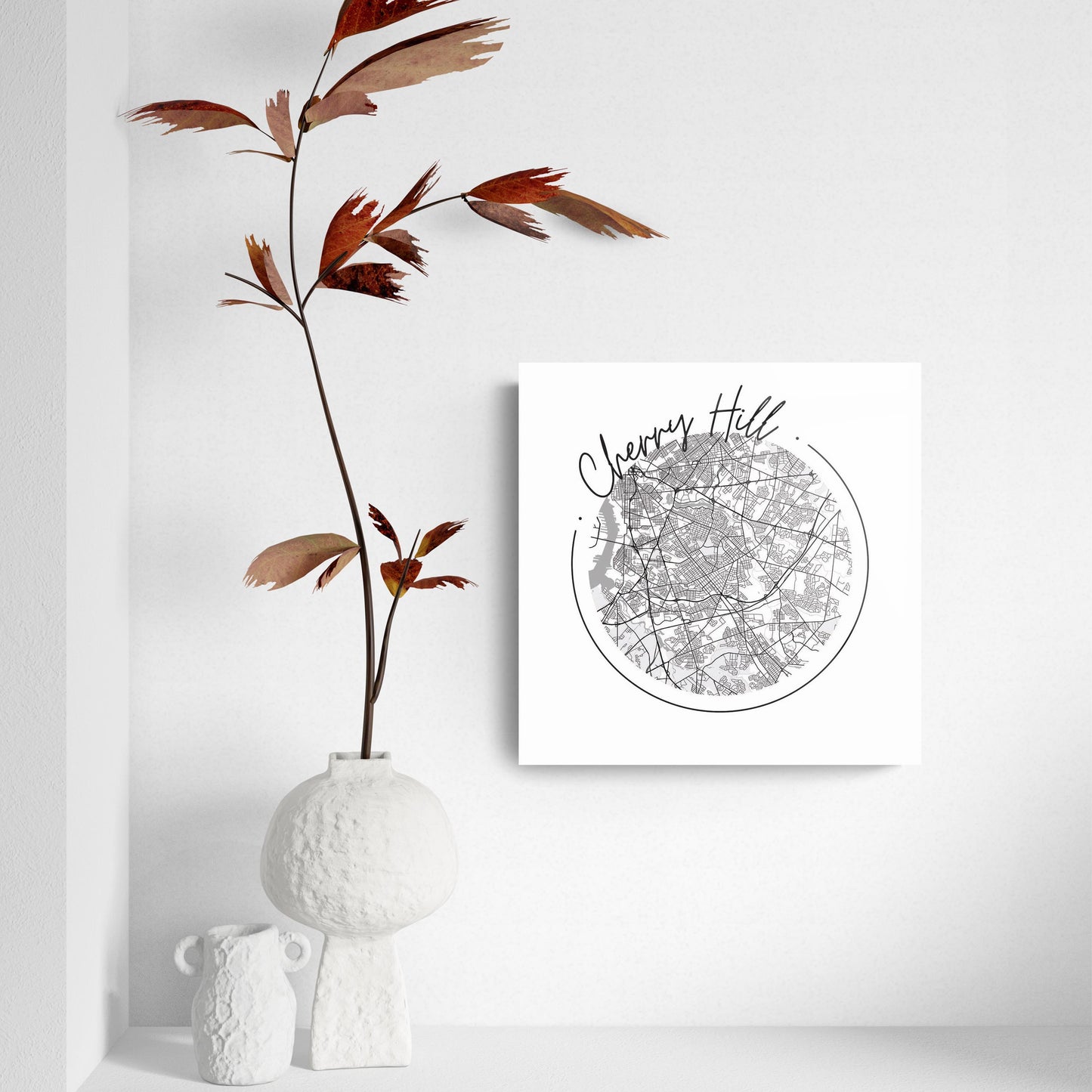 Minimalistic B&W New Jersey Cherry Hill Circle Map | Hi-Def Glass Art | Eaches | Min 2