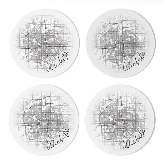 Minimalistic B&W Kansas Wichita Circle Map | Absorbent Coasters | Set of 4 | Min 2