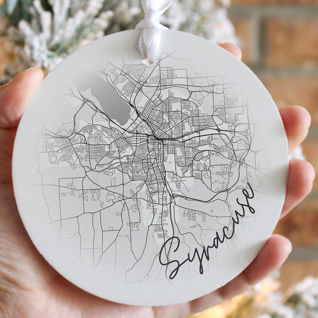 Minimalistic B&W New York Syracuse Faded Circle Map | Wood Ornament | Eaches | Min 6