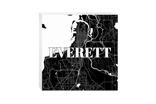 Minimalistic B&W Washington Everett Map | Wood Block | Eaches | Min 2