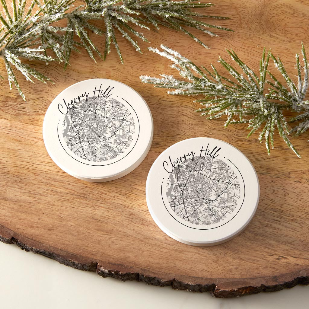 Minimalistic B&W New Jersey Cherry Hill Circle Map | Absorbent Car Coasters | Set of 2 | Min 4
