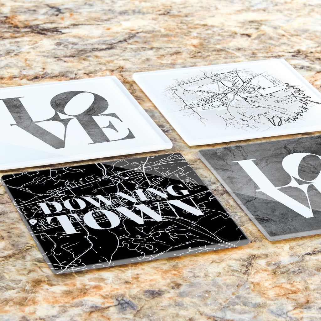 Minimalistic B&W Pennsylvania Downingtown Maps Love | Hi-Def Glass Coasters | Set of 4 | Min 2