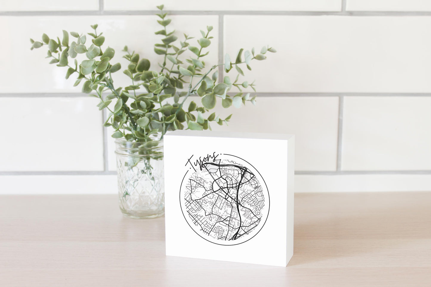 Minimalistic B&W Virginia Tysons Circle Map | Wood Block | Eaches | Min 4