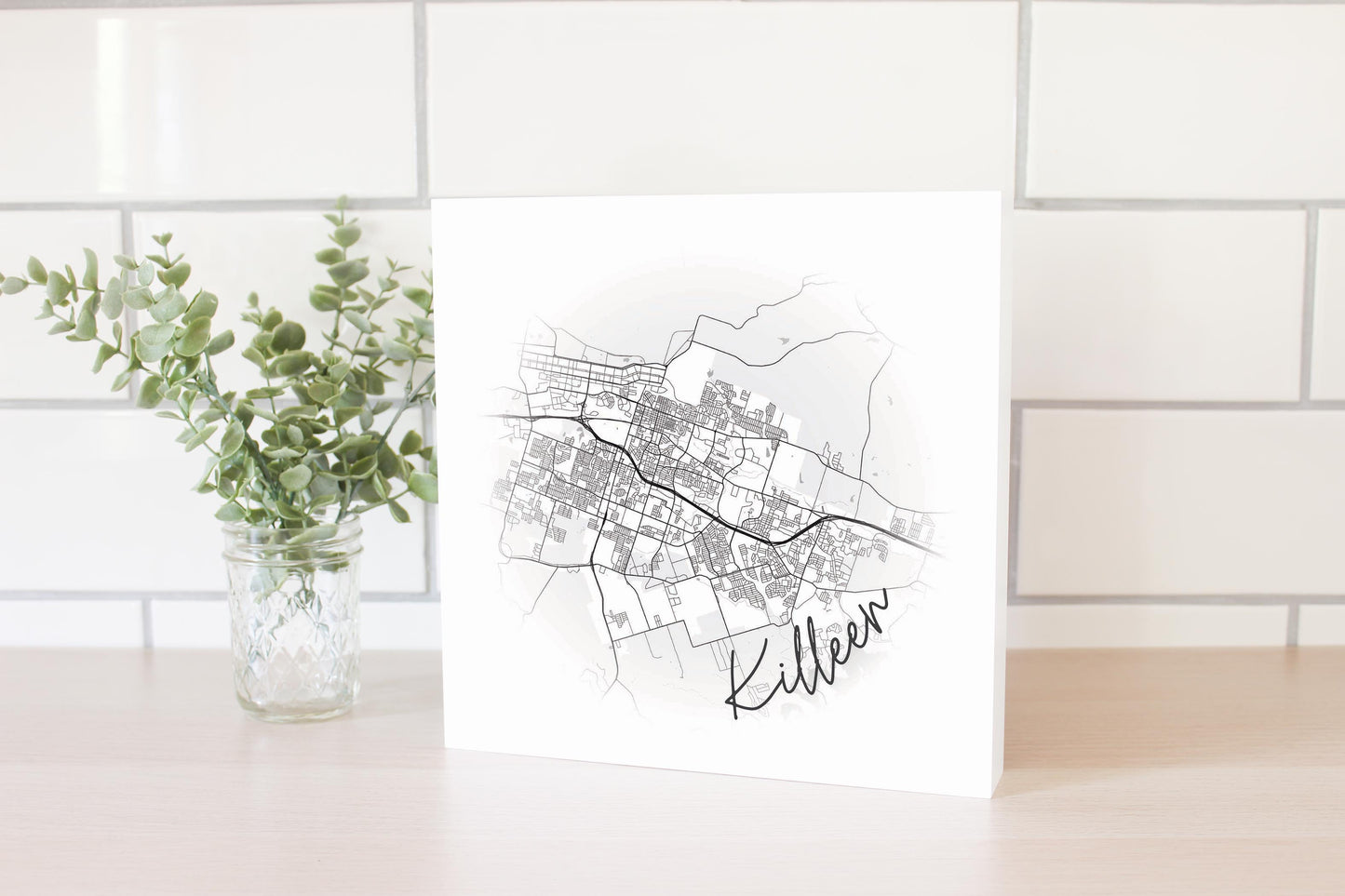 Minimalistic B&W Texas Killeen Circle Map | Wood Block | Eaches | Min 2