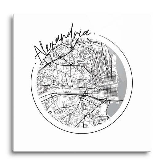 Minimalistic B&W Virginia Alexandria Circle Map | Hi-Def Glass Art | Eaches | Min 1