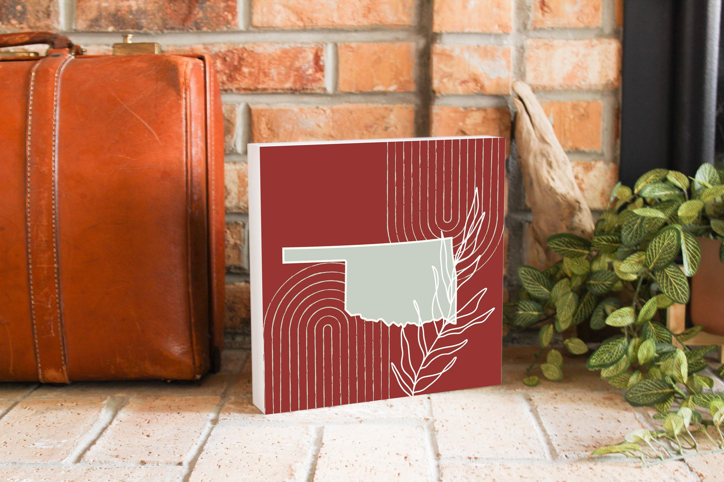 Modern Minimalist Oklahoma State Shape With Leaf | Wood Block | Eaches | Min 2