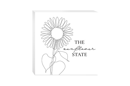 Minimalist B&W Kansas Sunflower Line Drawing | Wood Block | Eaches | Min 2