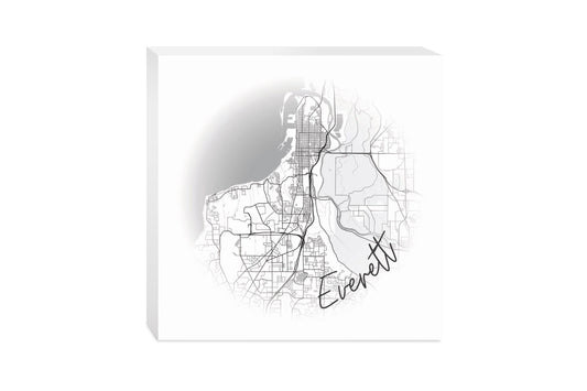 Minimalistic B&W Washington Everett Circle Map | Wood Block | Eaches | Min 2