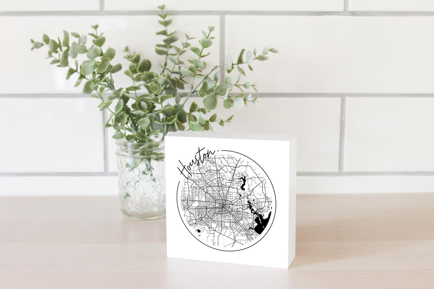 Modern Houston White Round Map | Wood Block | Eaches | Min 4