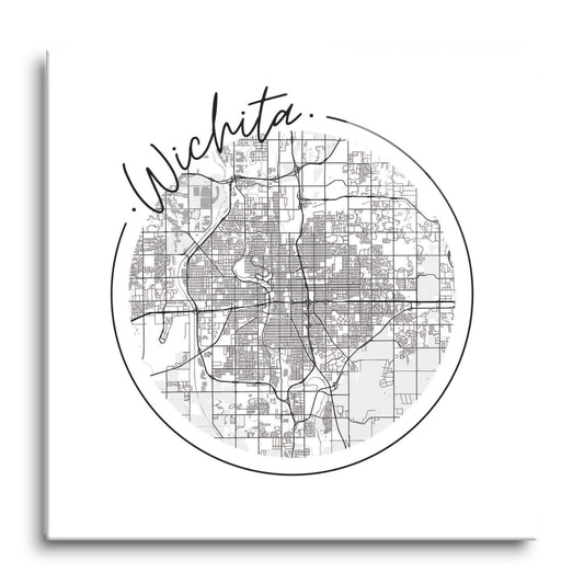 Minimalist B&W Kansas Wichita Circle Map | Hi-Def Glass Art | Eaches | Min 1
