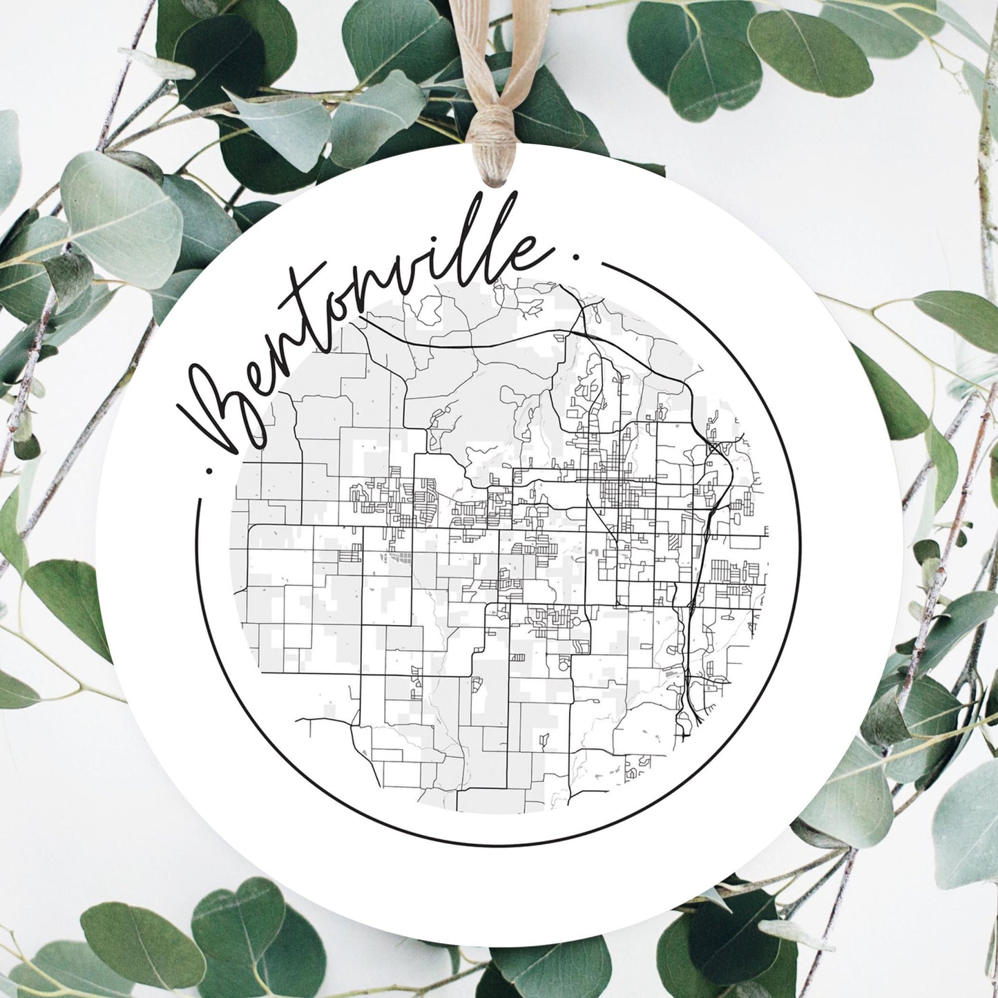 Minimalist B&W Arkansas Bentonville Circle Map | Wood Ornament | Eaches | Min 1