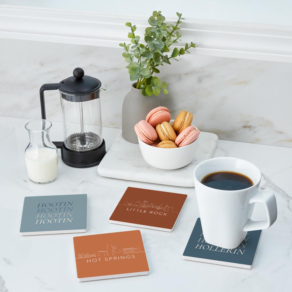 Modern Minimalist Arkansas Skyline Hootin Hollerin | Absorbent Coasters | Set of 4 | Min 2