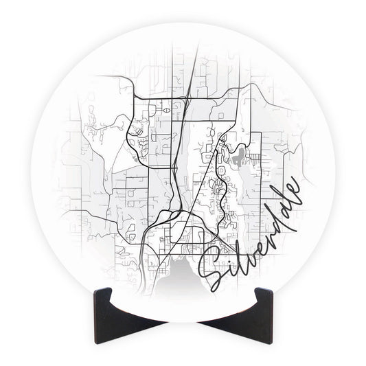Minimalistic B&W Washington Silverdale Circle Map | Wood Sign | Eaches | Min 1