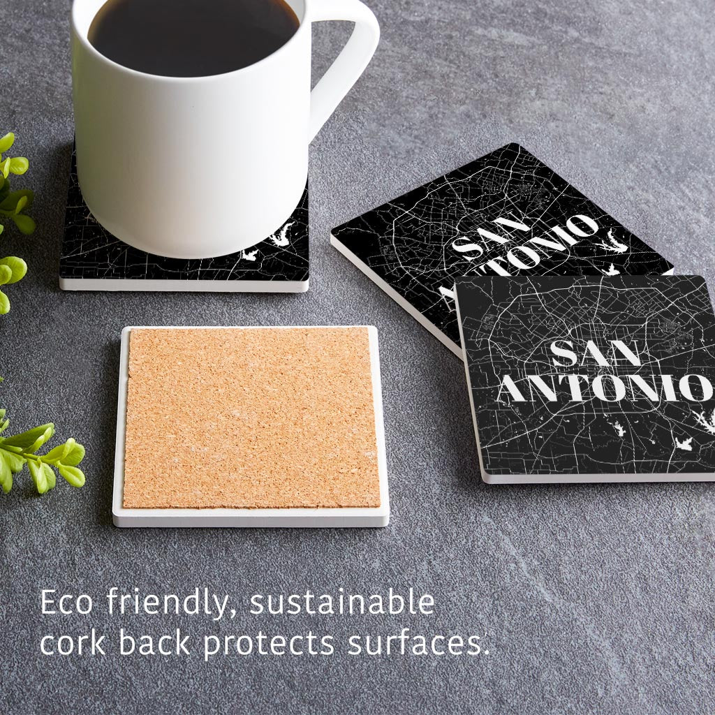 Minimalistic B&W Texas San Antonio Map | Absorbent Coasters | Set of 4 | Min 2