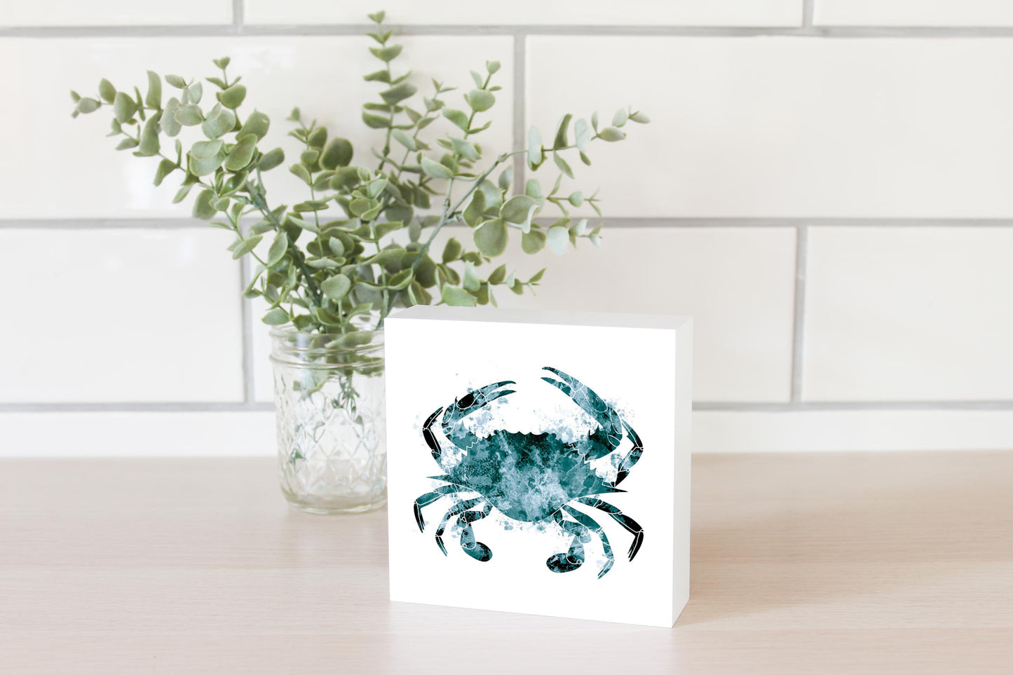 Blue White Water Color Blue Crab | Wood Block | Eaches | Min 4