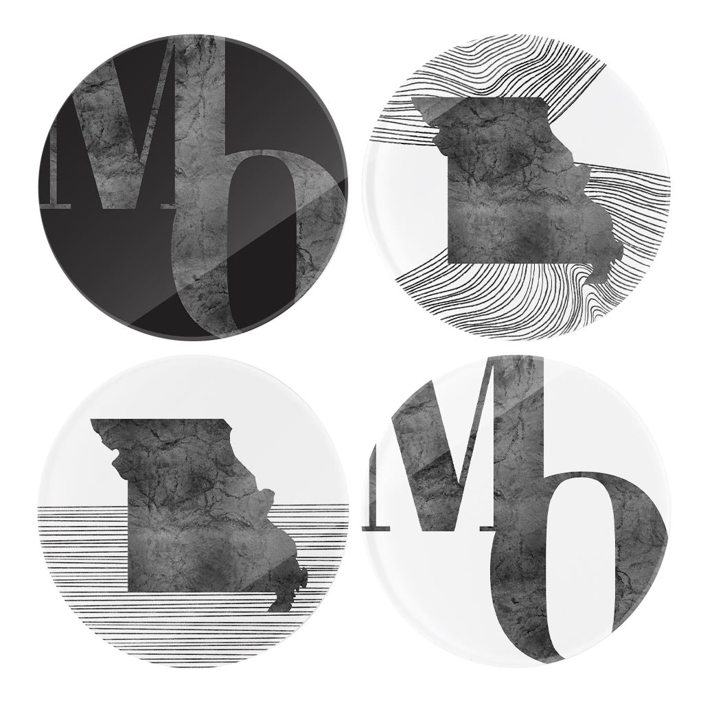 Minimalist B&W Missouri Initials State Shapes | Hi-Def Glass Coasters | Set of 4 | Min 2