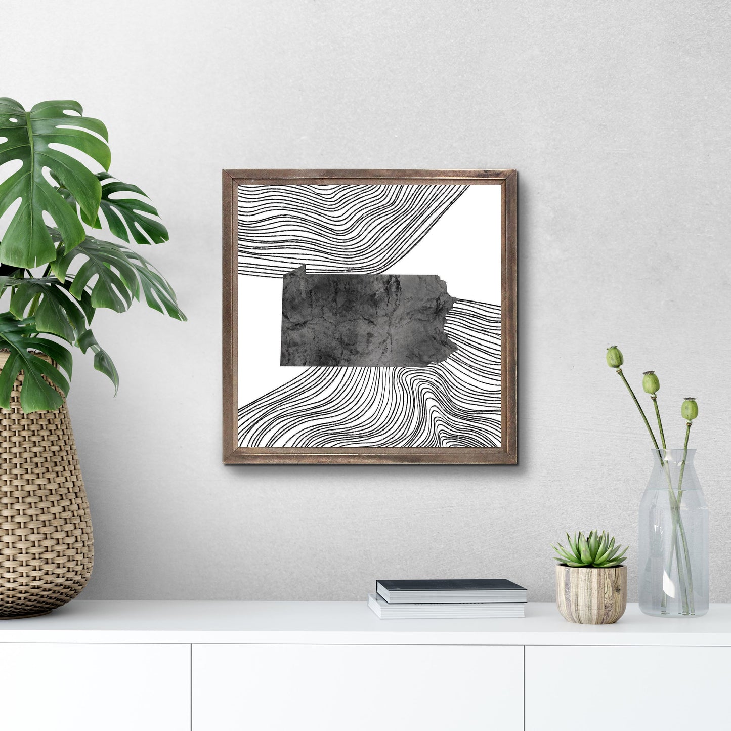 Minimalistic B&W Pennsylvania Shape Fluid Lines | Wood Sign | Eaches | Min 1