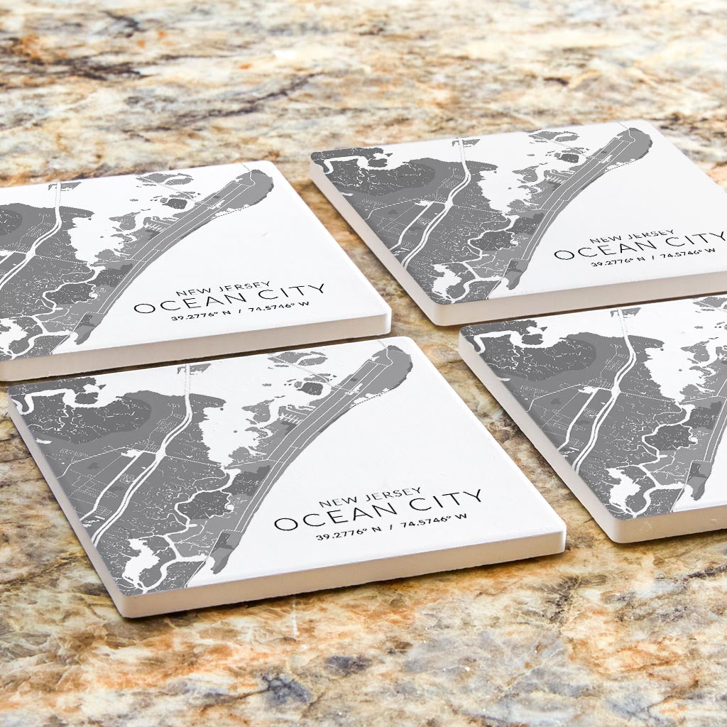 Ocean City Nj Minimalistic Map With Coordinates | Absorbent Coasters | Set of 4 | Min 2