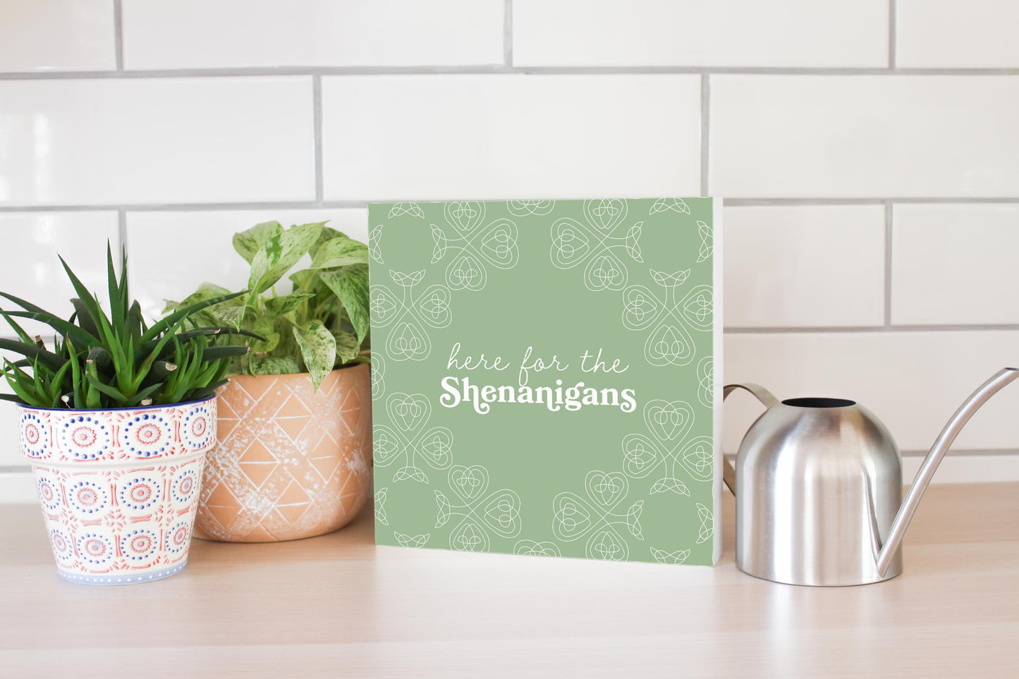 Sage Green Shamrock Here For The Shenanigans | Wood Block | Eaches | Min 2