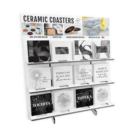 Minimalist B&W Kansas Square Ceramic Coaster Loaded Display POP Min of 1