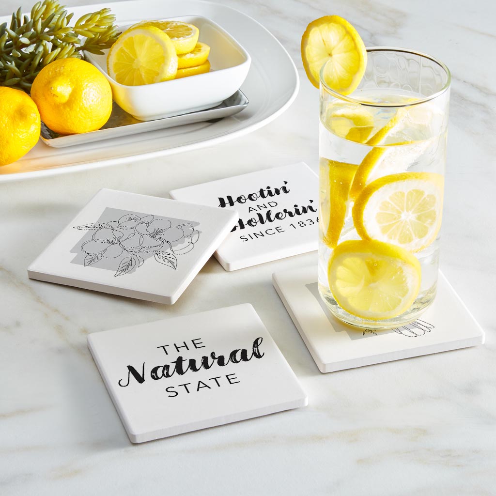 B&W Minimalist Arkansas Line Drawings Sayings| Absorbent Coasters | Set of 4 | Min 2