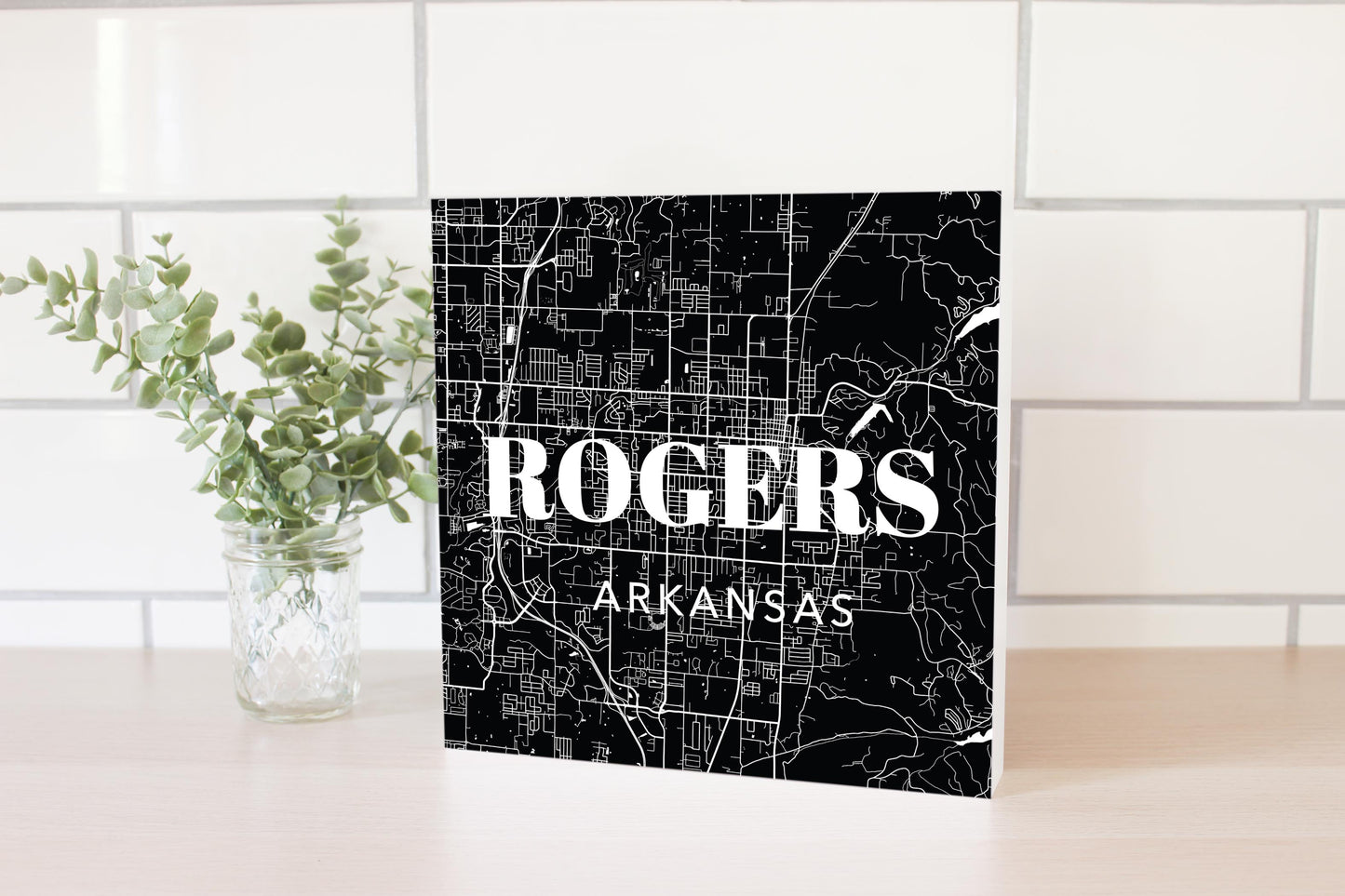 Minimalist B&W Arkansas Rogers Map State | Wood Block | Eaches | Min 2