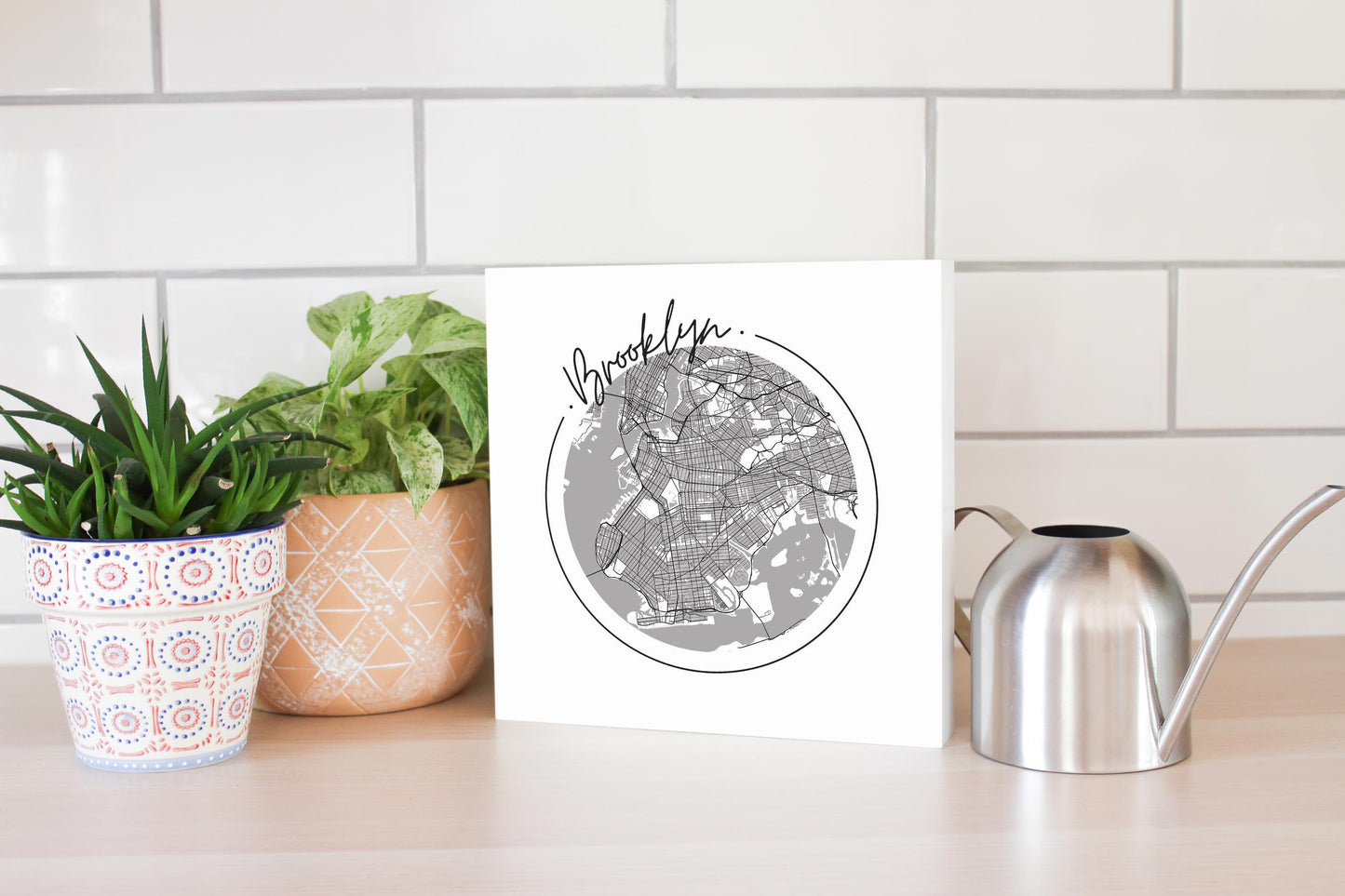 Minimalistic B&W New York Brooklyn Circle Map | Wood Block | Eaches | Min 2