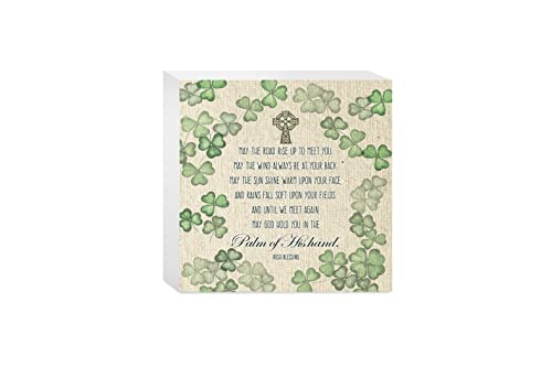 Irish Blessing Green Shamrock Textured Tan 5 X 5 Wood Tabletop Sign Plaque| Wood Block | Eaches | Min 4