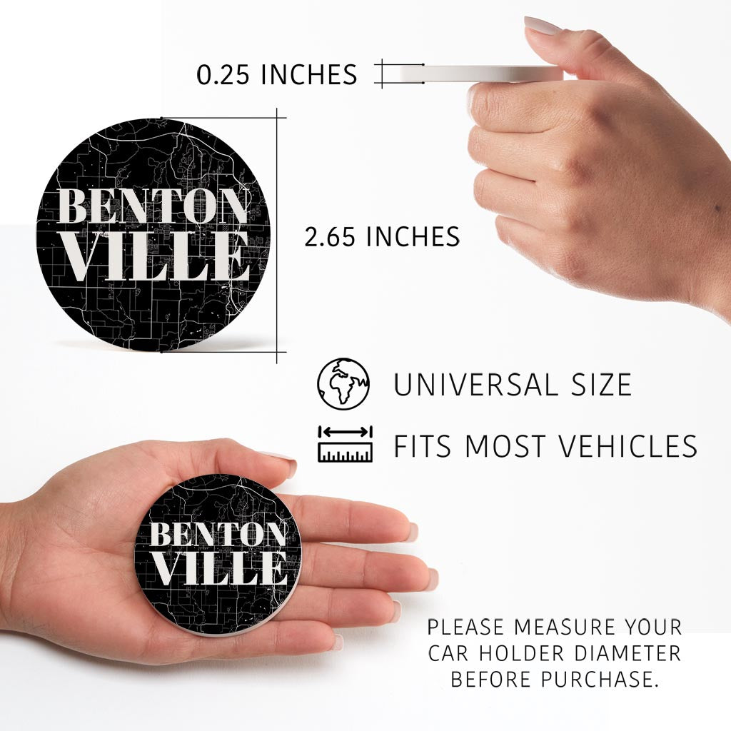 Minimalist B&W Arkansas Bentonville Map | Absorbent Car Coasters | Set of 2 | Min 4