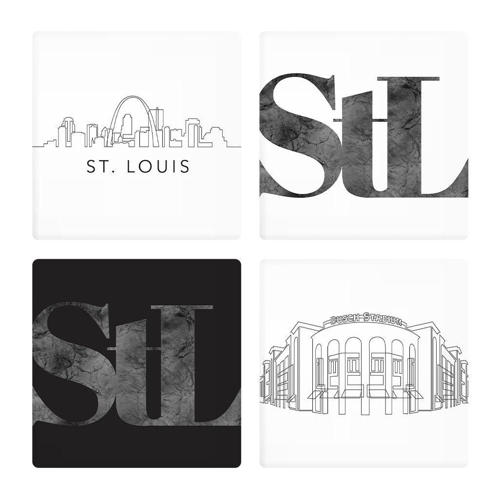 Minimalist B&W Missouri St Louis Line Drawings Stl | Absorbent Coasters | Set of 4 | Min 2