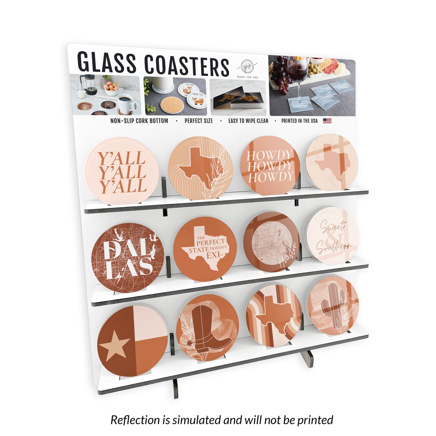 Modern Minimalist Texas Circle Glass Coaster Loaded Display POP Min of 1