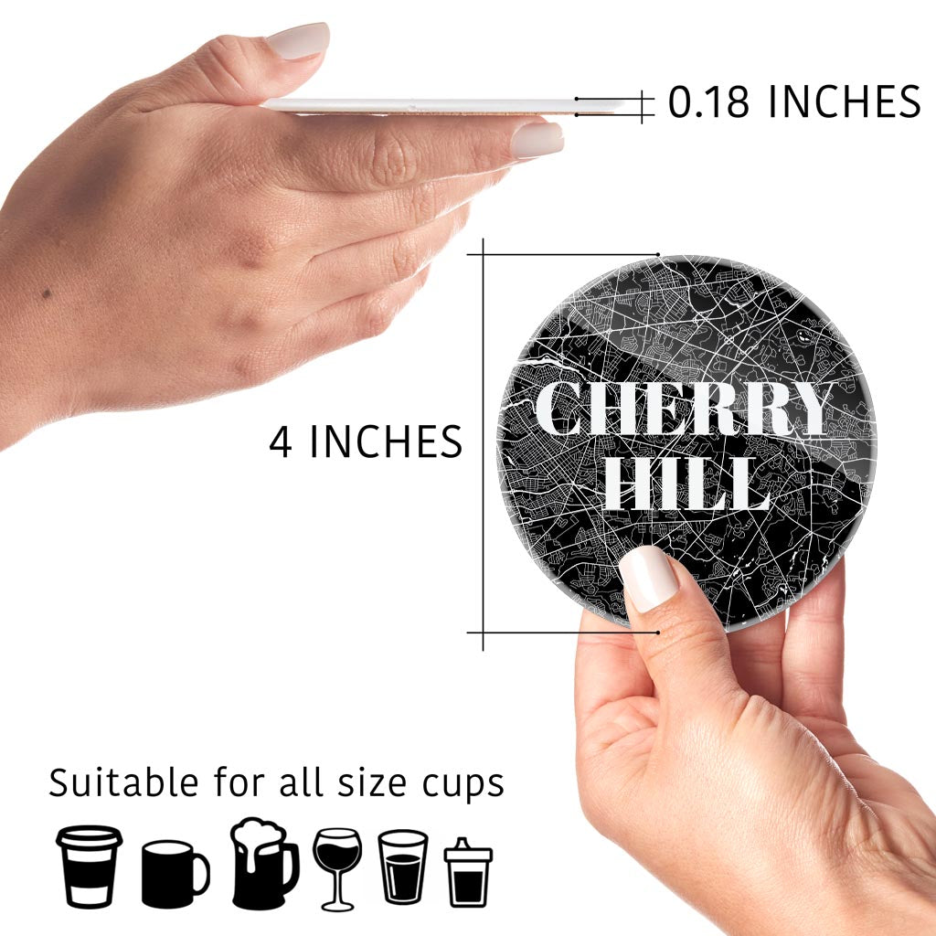 Minimalistic B&W New Jersey Cherry Hill Maps | Hi-Def Glass Coasters | Set of 4 | Min 2