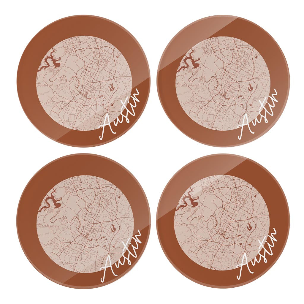Modern Minimalist Texas Austin Circle Map | Hi-Def Glass Coasters | Set of 4 | Min 2