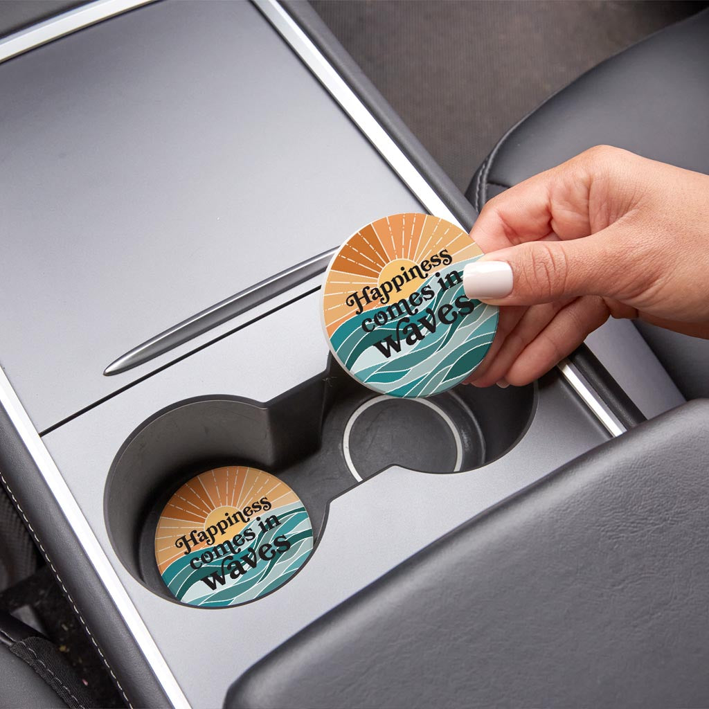 Happiness Comes In Waves | Absorbent Car Coasters | Set of 2 | Min 4