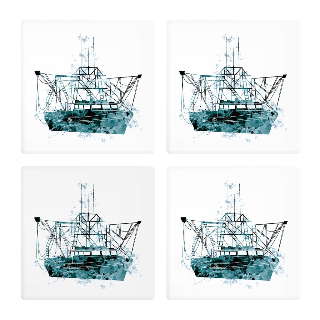 Blue White Water Color Shrimp Boat| Absorbent Coasters | Set of 4 | Min 2