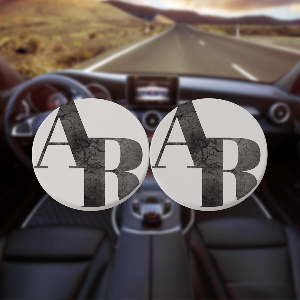 B&W Minimalist Arkansas White Initials | Absorbent Car Coasters | Set of 2 | Min 4