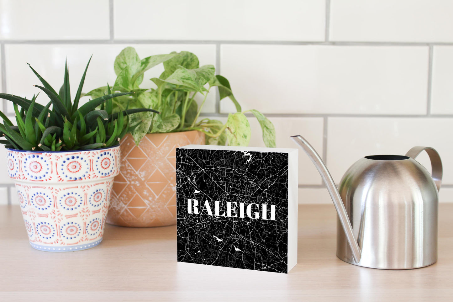 Minimalistic B&W North Carolina Raleigh Map | Wood Block | Eaches | Min 4