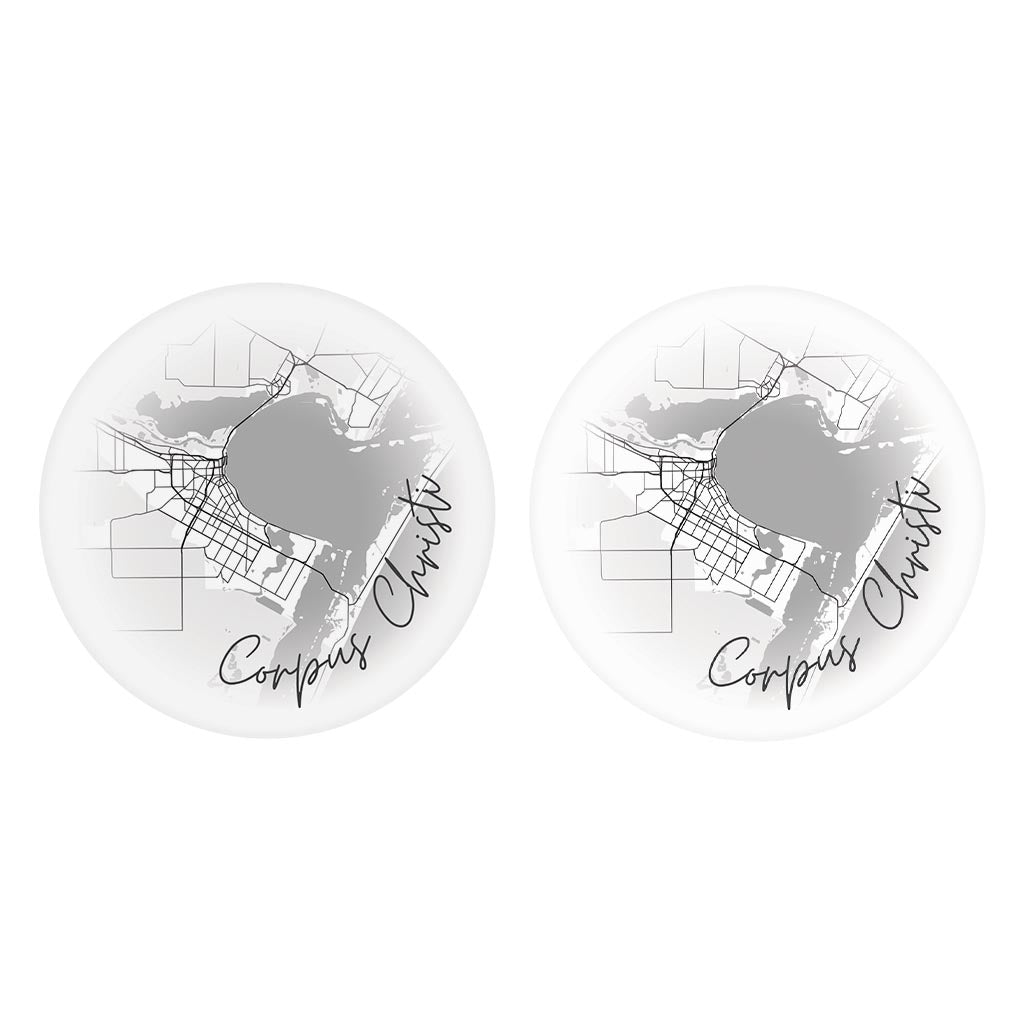 Minimalistic B&W Texas Corpus Christi Circle Map | Absorbent Car Coasters | Set of 2 | Min 4