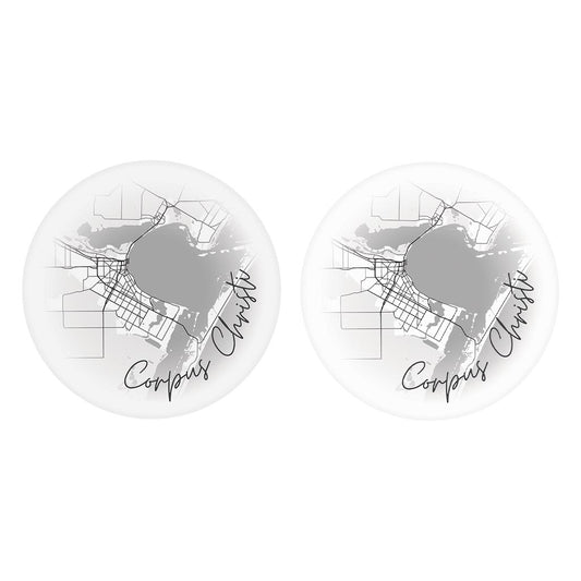 Minimalistic B&W Texas Corpus Christi Circle Map | Absorbent Car Coasters | Set of 2 | Min 4