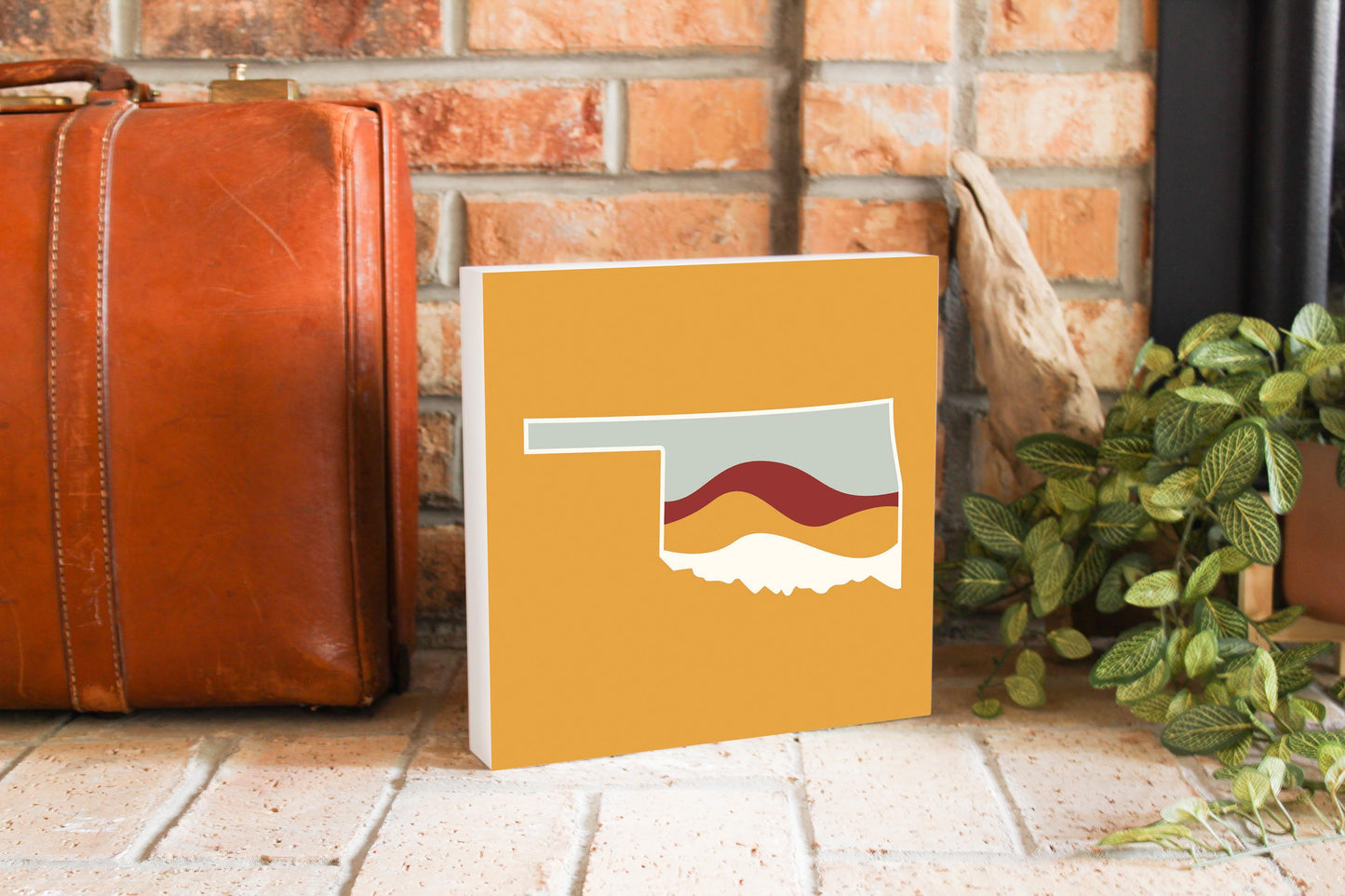 Modern Minimalist Oklahoma Orange Retro State Shape With Hills | Wood Block | Eaches | Min 2