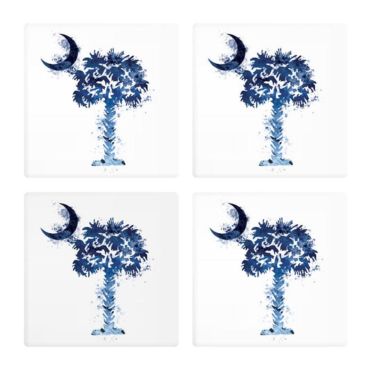 South Carolina Blue Water Color Palm Tree On White| Absorbent Coasters | Set of 4 | Min 2