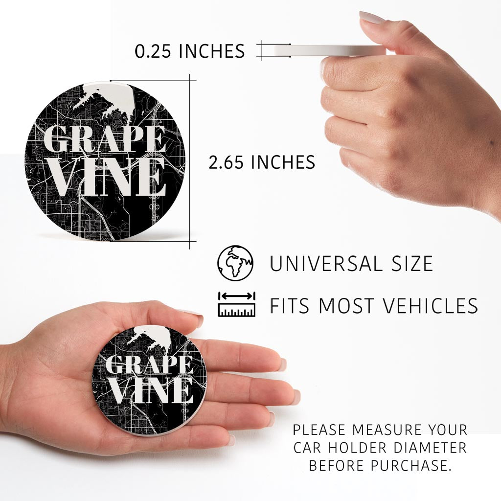 Minimalistic B&W Texas Grapevine Map| Absorbent Car Coasters | Set of 2 | Min 4